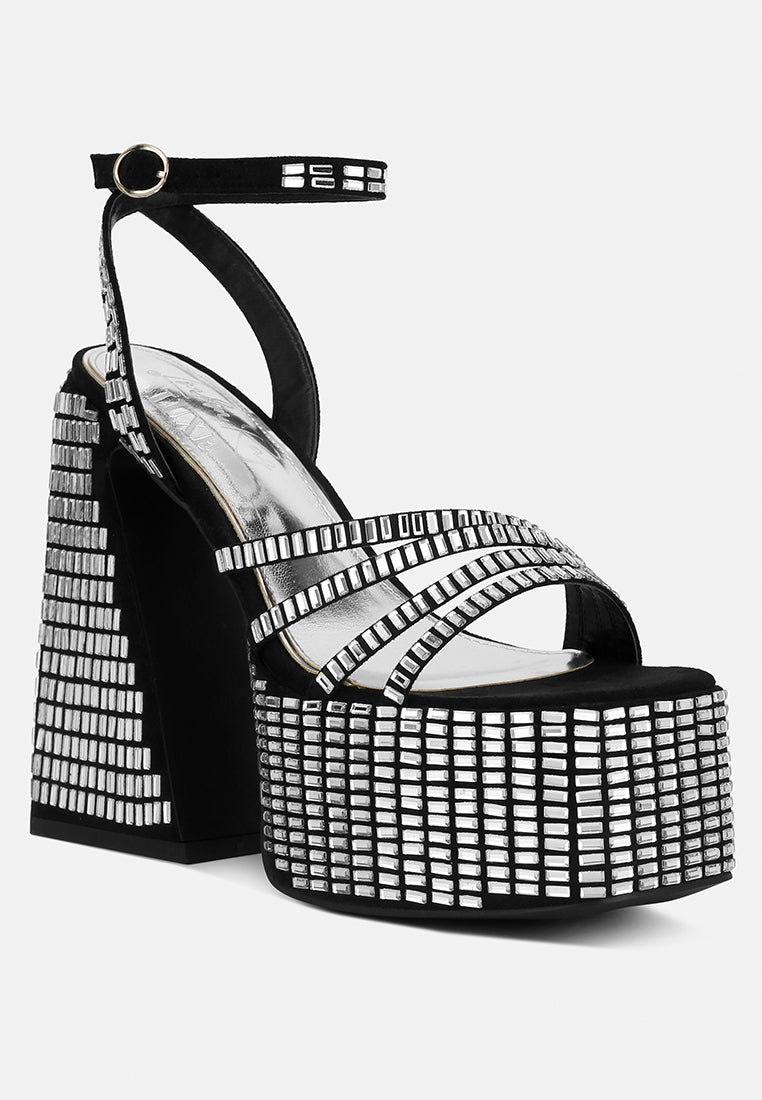 mirror embellished flare block heel sandals#color_black