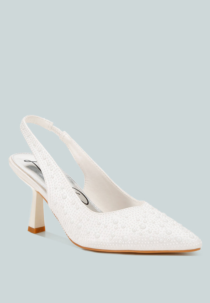 women luxurious satin pearl slingback sandals#color_white