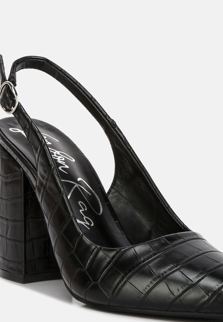 women macha croc texture sling back heels#color_black