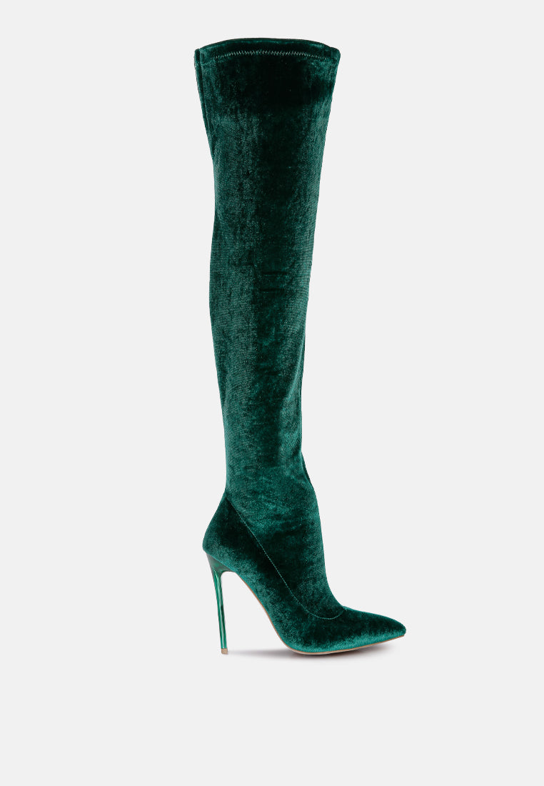 women madmam strerch high heel velvet boot#color_dark-green
