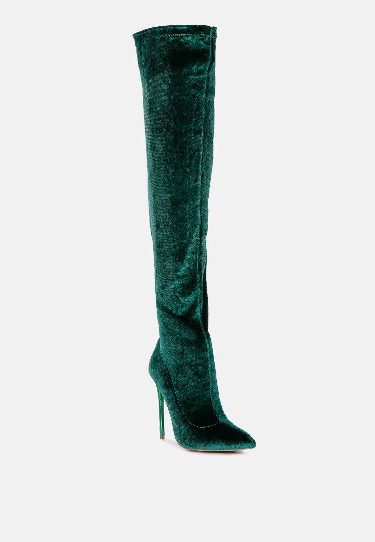 women madmam strerch high heel velvet boot#color_dark-green
