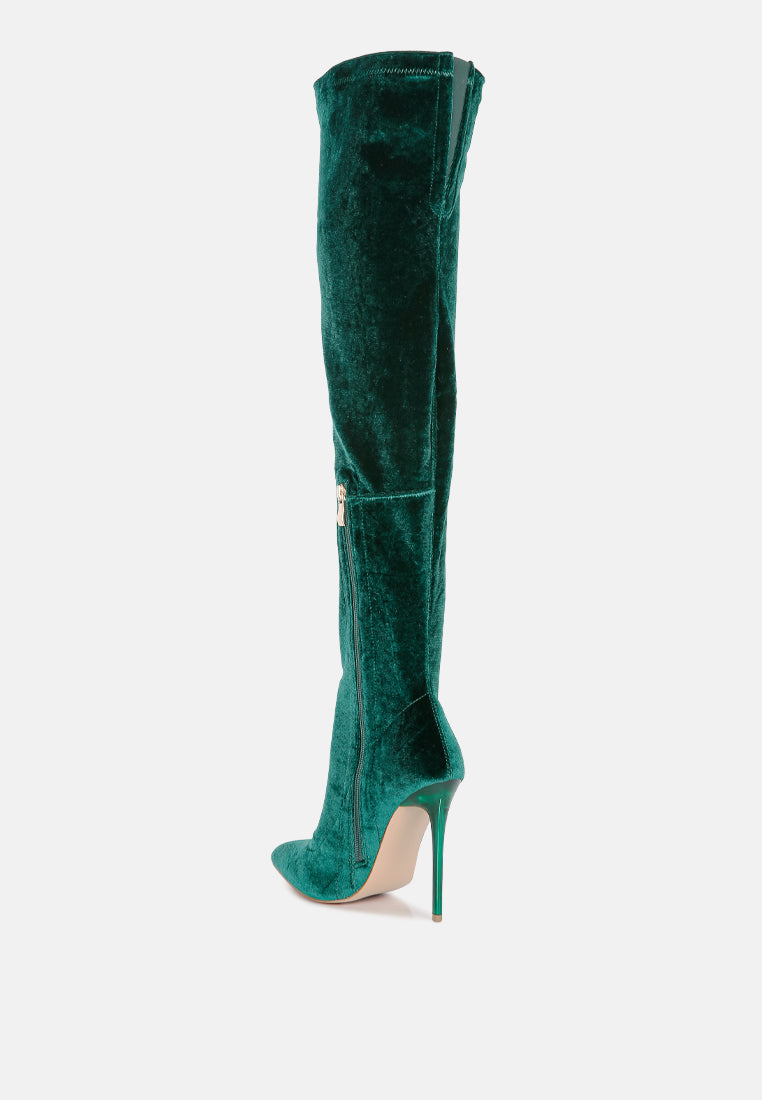 women madmam strerch high heel velvet boot#color_dark-green