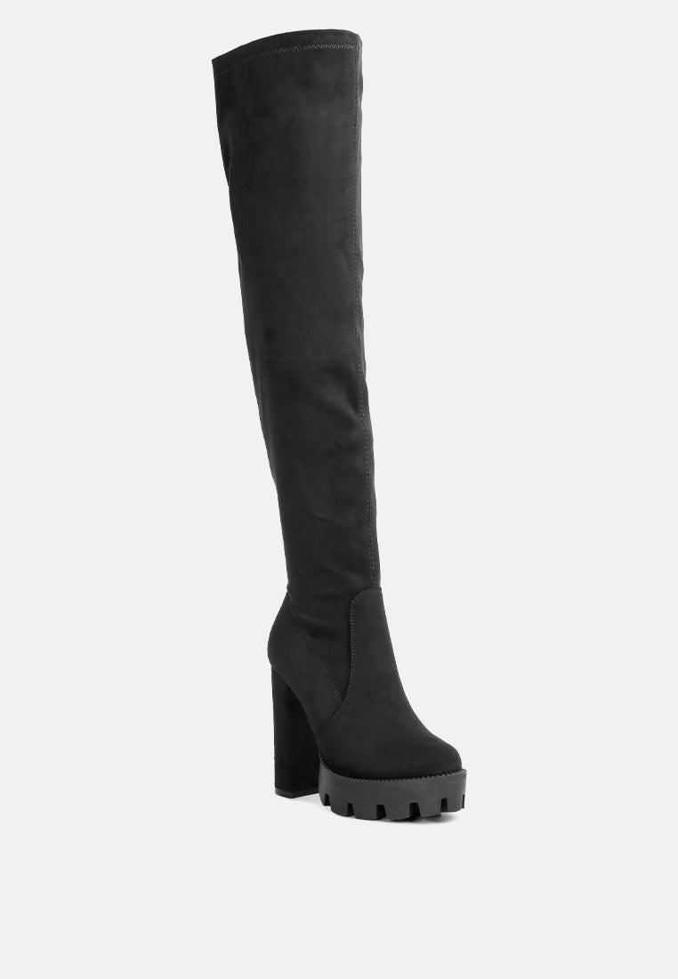 high block heeled long boots#color_black