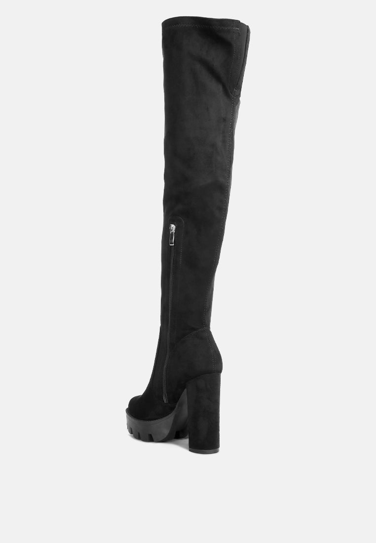 high block heeled long boots#color_black