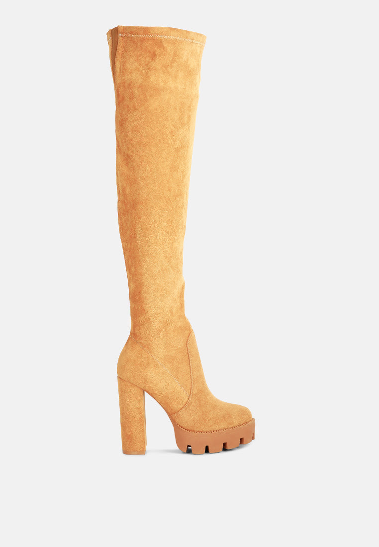 high block heeled long boots#color_tan