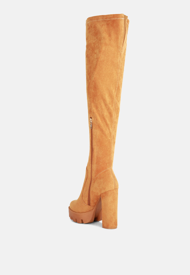 high block heeled long boots#color_tan