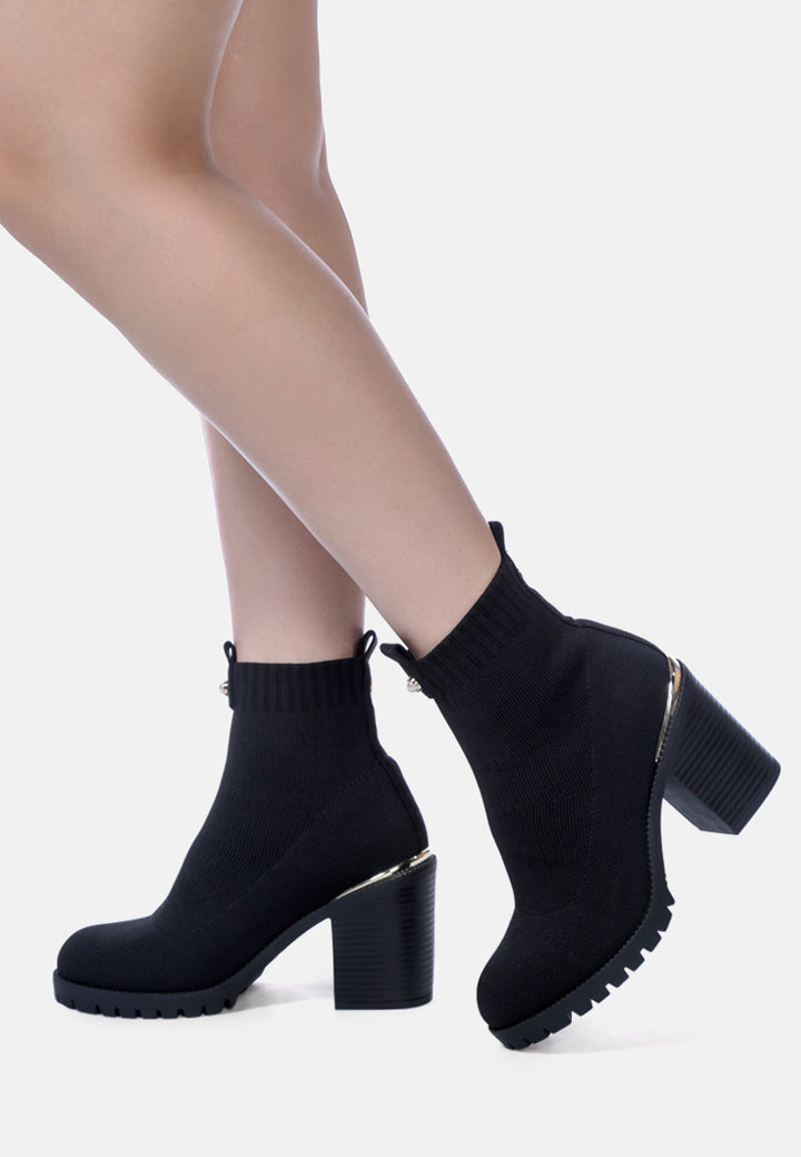 Women Knitted Block Heeled Ankle Boots