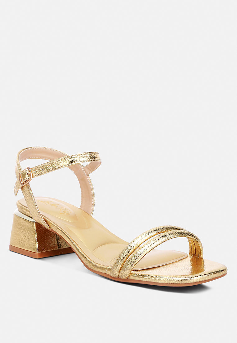 women metallic ankle strap low block heels#color_gold