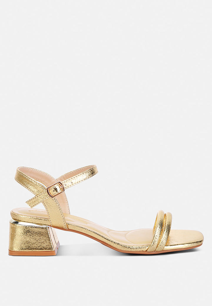 women metallic ankle strap low block heels#color_gold