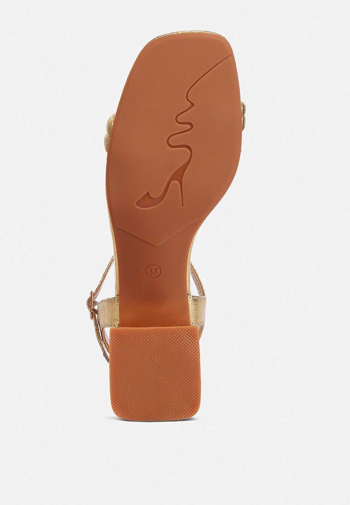 women metallic ankle strap low block heels#color_gold