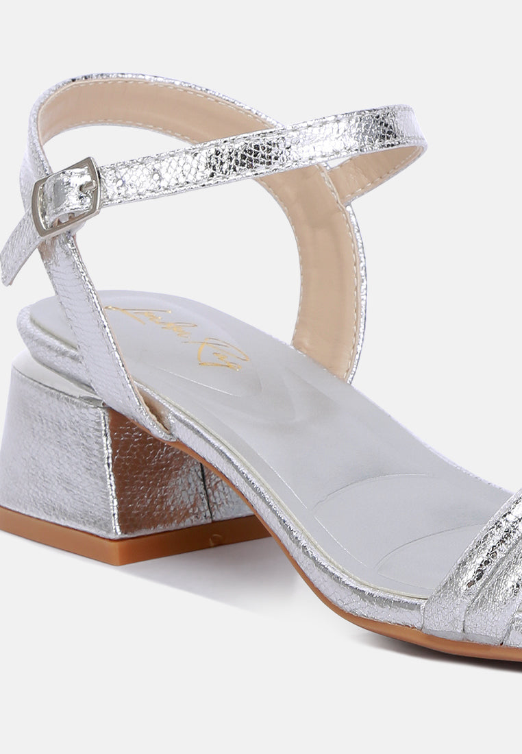 women metallic ankle strap low block heels#color_silver