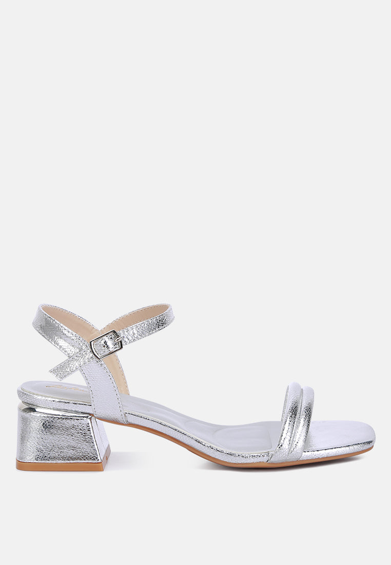 women metallic ankle strap low block heels#color_silver