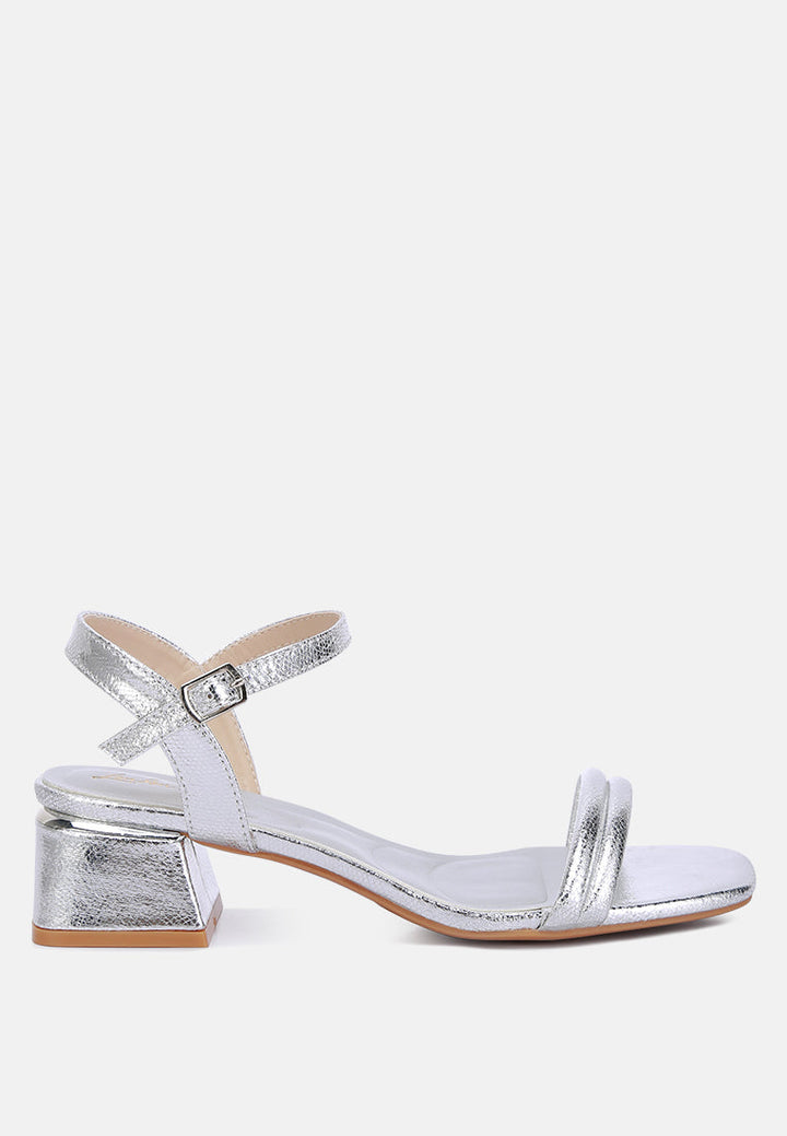 women metallic ankle strap low block heels#color_silver