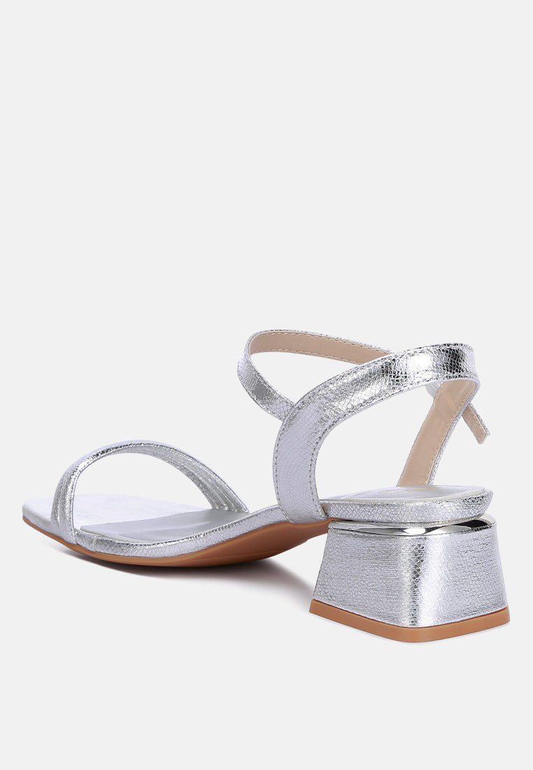 women metallic ankle strap low block heels#color_silver