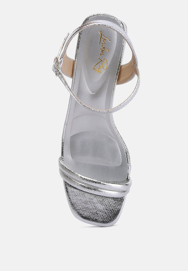 women metallic ankle strap low block heels#color_silver