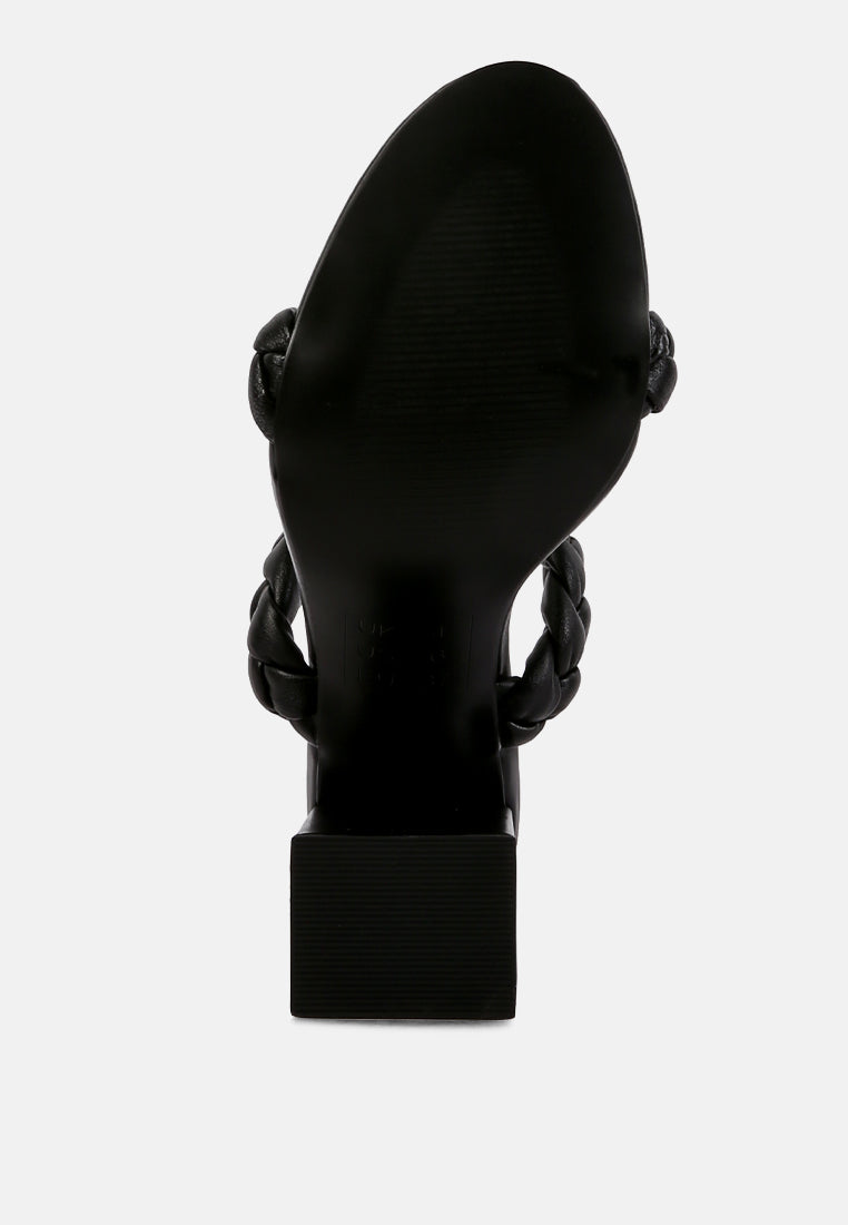 women braided strap high block heels#color_black