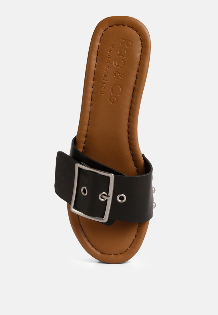 women buckle strap leather slip on#color_black