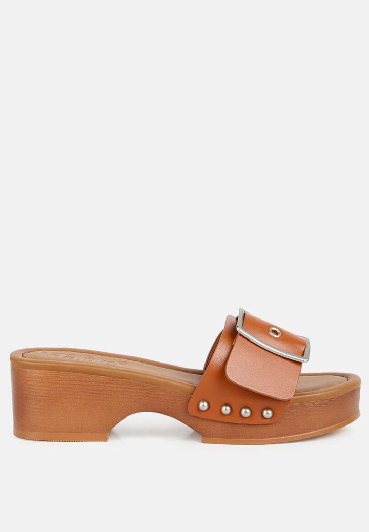 women buckle strap leather slip on#color_tan