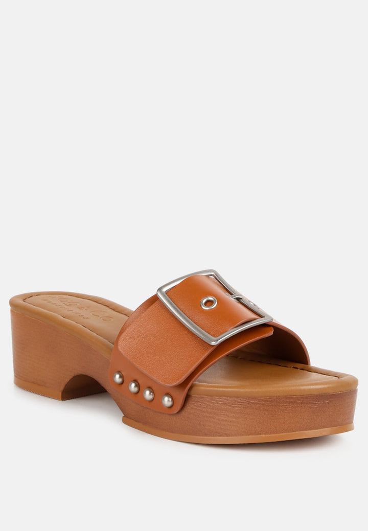 women buckle strap leather slip on#color_tan