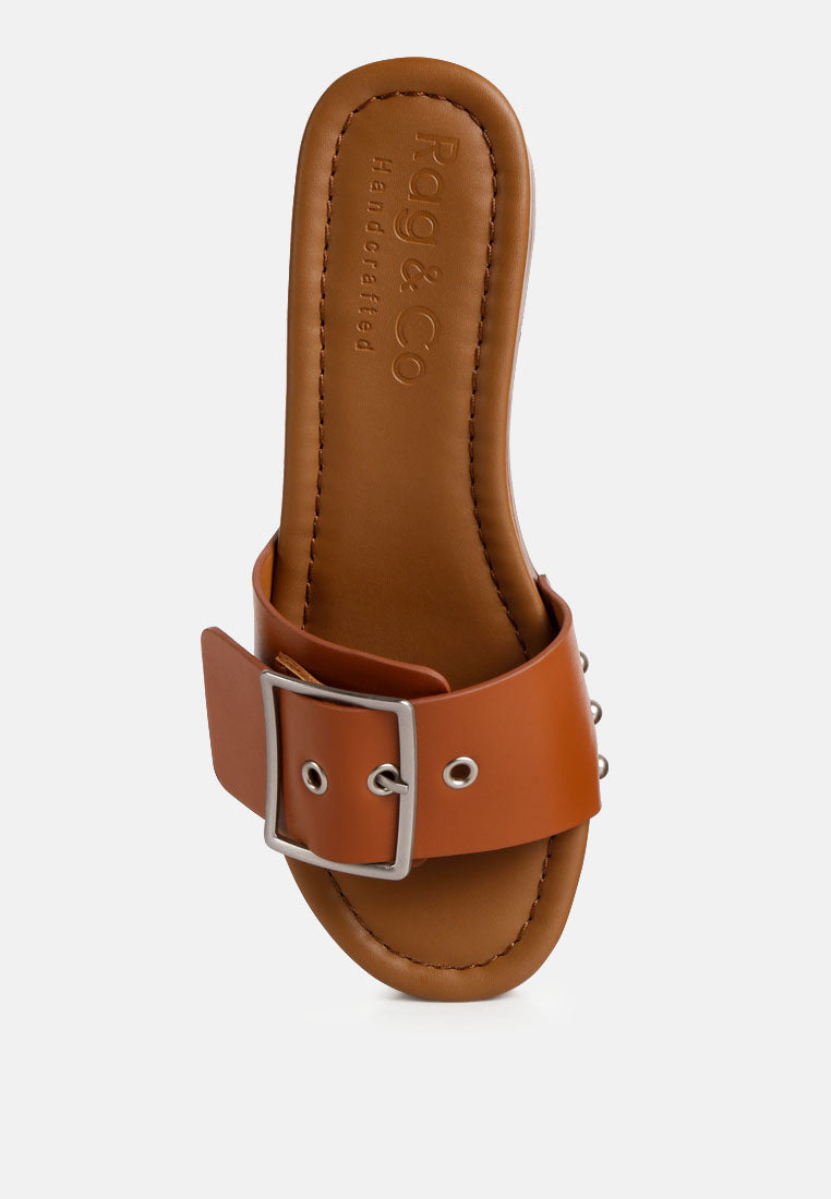 women buckle strap leather slip on#color_tan