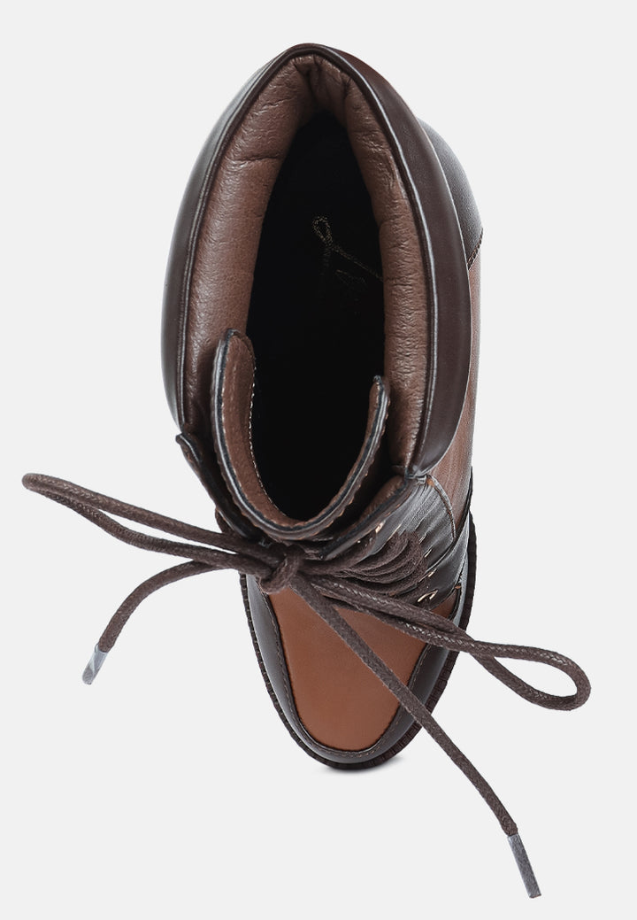 moos cow printed lace up block heel boots#color_brown