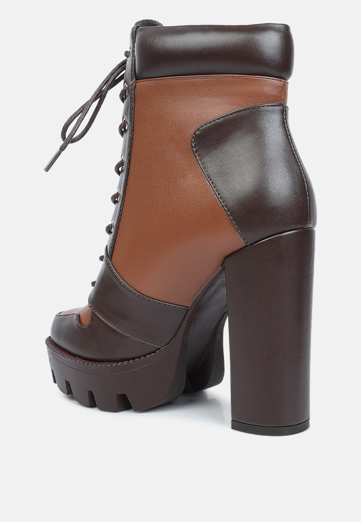 moos cow printed lace up block heel boots#color_brown