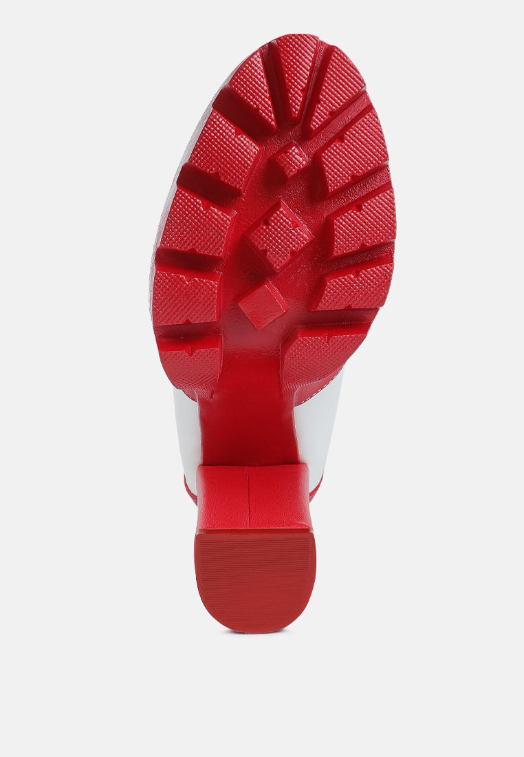 moos cow printed lace up block heel boots#color_red