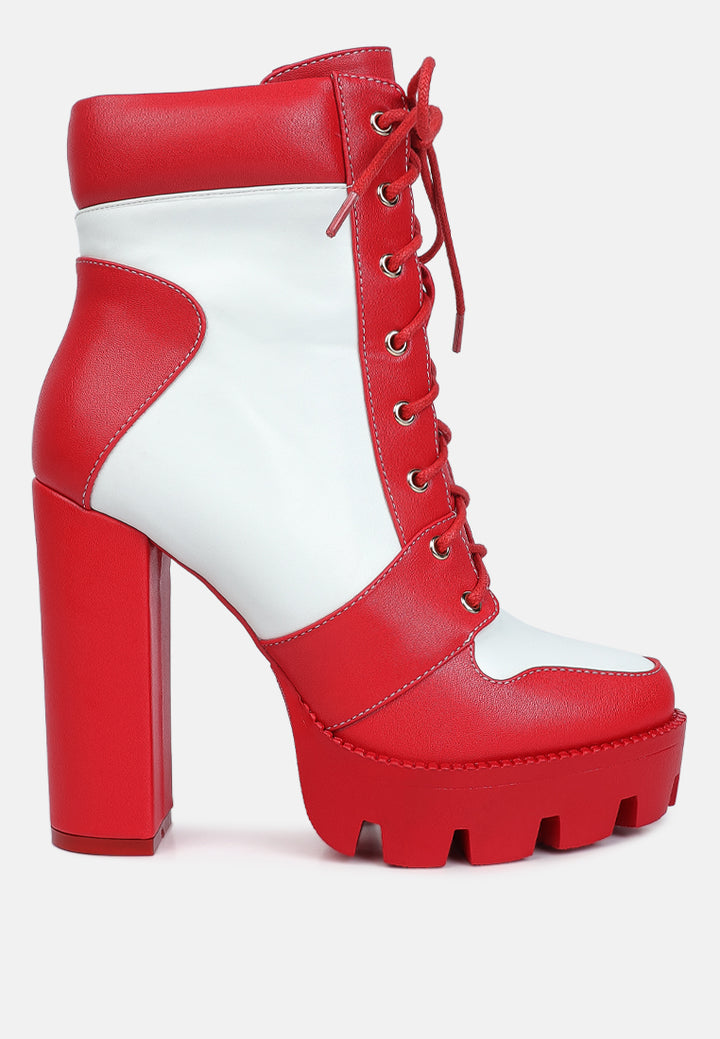 moos cow printed lace up block heel boots#color_red