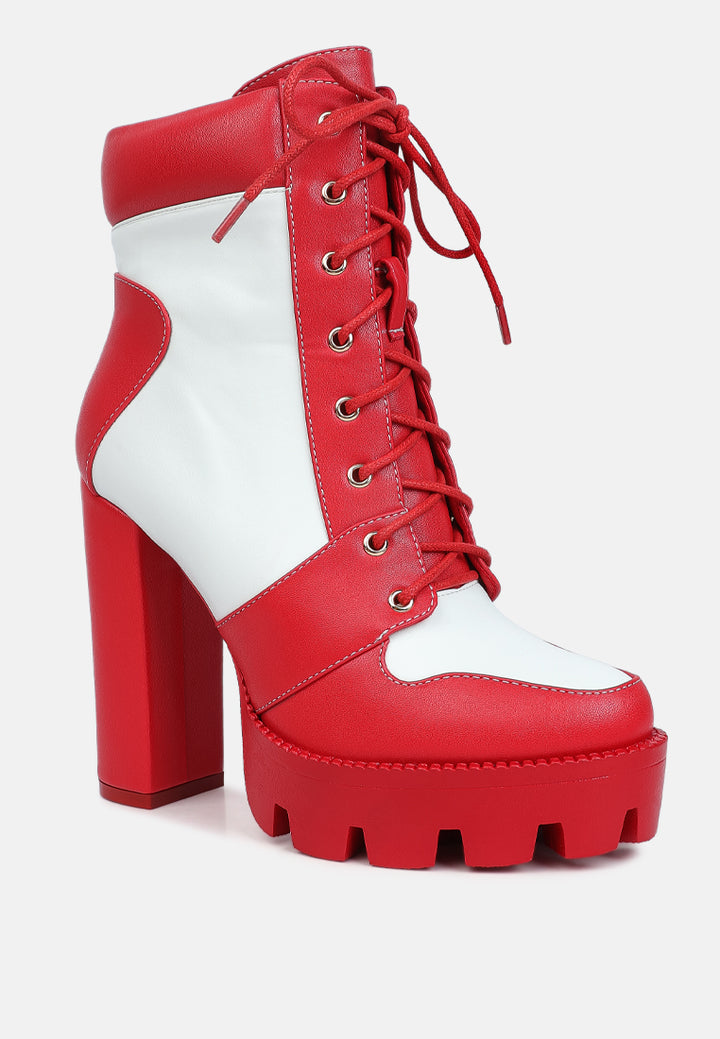 moos cow printed lace up block heel boots#color_red