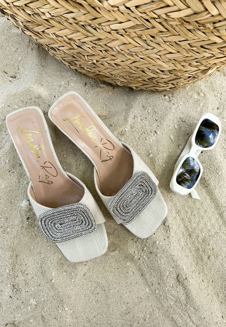 women rhinestones embellished slip on sandals#color_beige