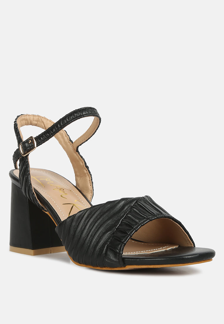 women pleated strap block heel sandals#color_black
