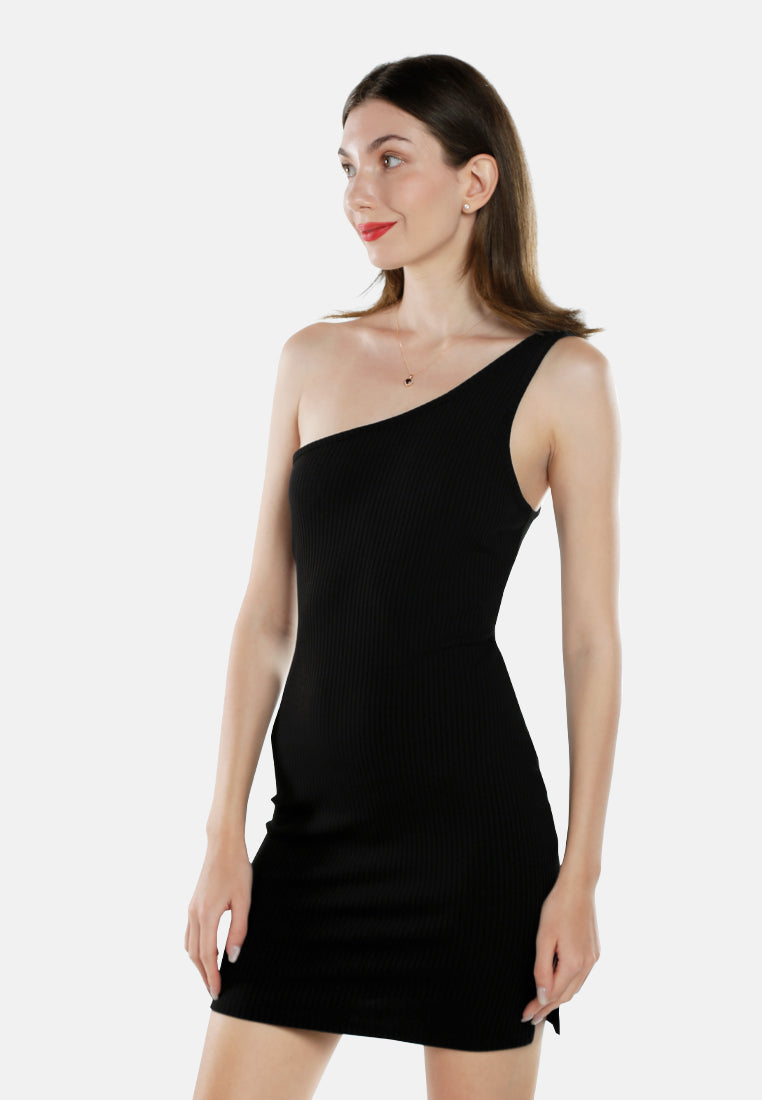 women ribbed one shoulder bodycon dress#color_black