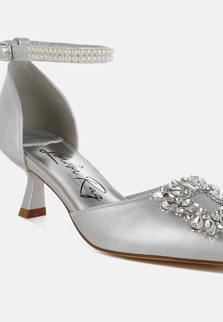 women diamante brooch kitten heel sandals#color_silver