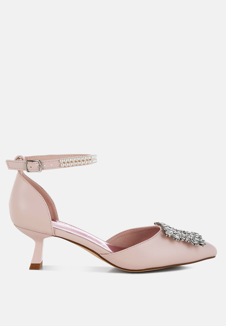 women diamante brooch kitten heel sandals#color_pink
