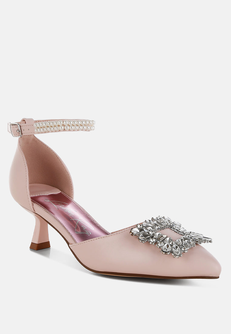 women diamante brooch kitten heel sandals#color_pink