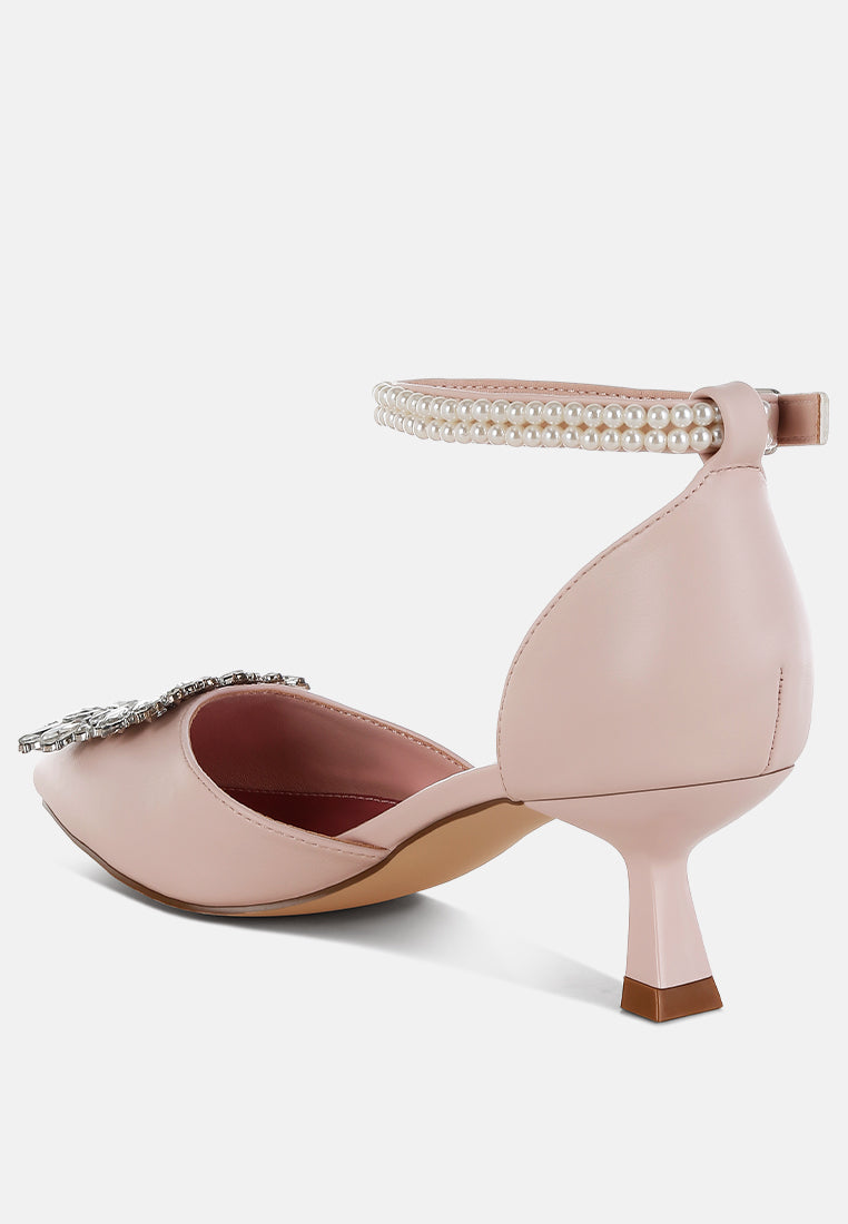 women diamante brooch kitten heel sandals#color_pink