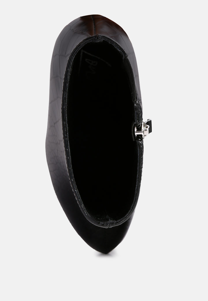 women high heeled croc pattern ankle boot#color_black