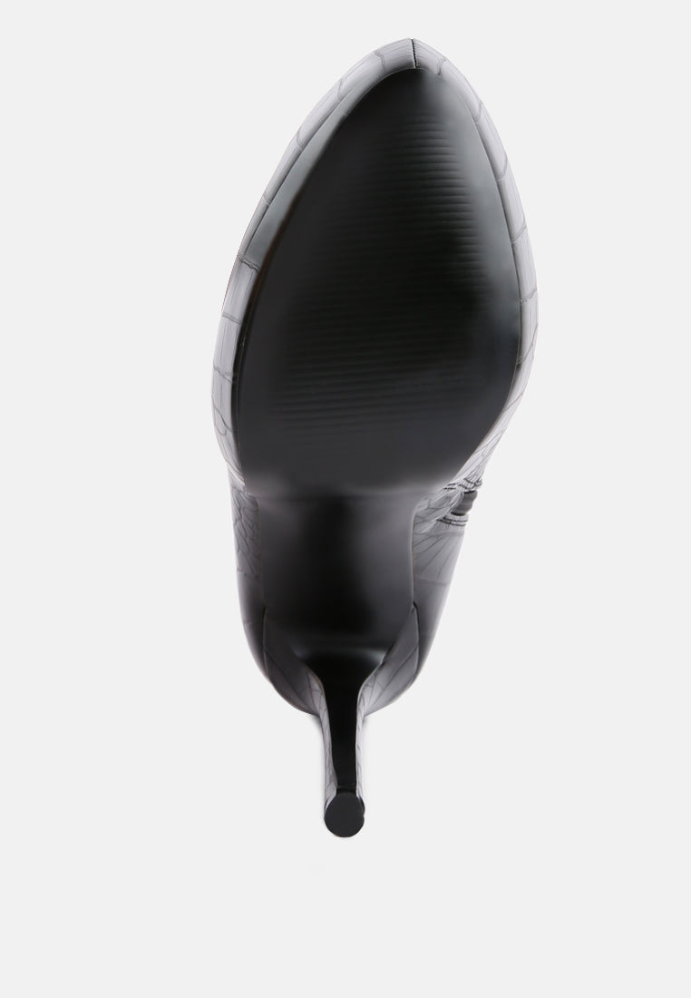 women high heeled croc pattern ankle boot#color_black