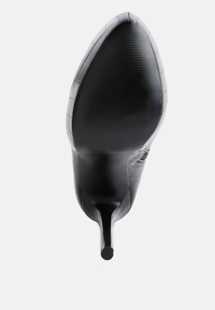 women high heeled croc pattern ankle boot#color_black