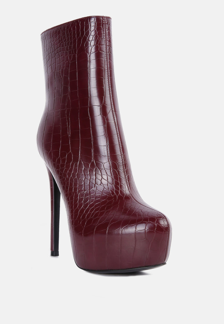 women high heeled croc pattern ankle boot#color_burgundy