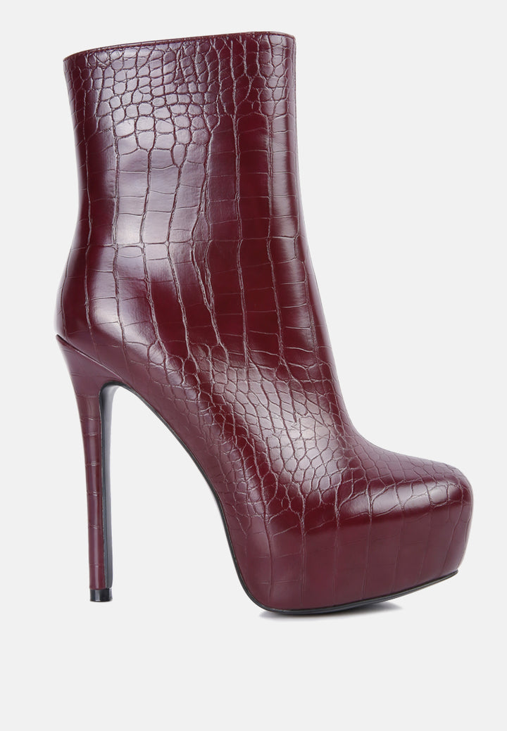 women high heeled croc pattern ankle boot#color_burgundy