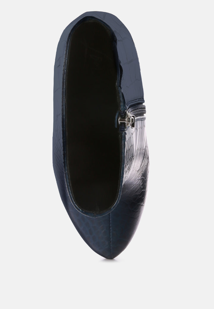 women high heeled croc pattern ankle boot#color_navy