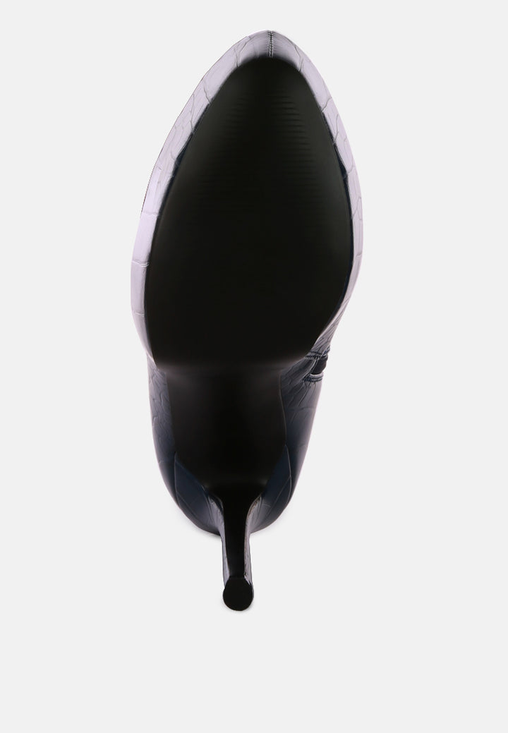 women high heeled croc pattern ankle boot#color_navy