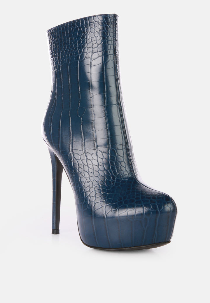women high heeled croc pattern ankle boot#color_navy