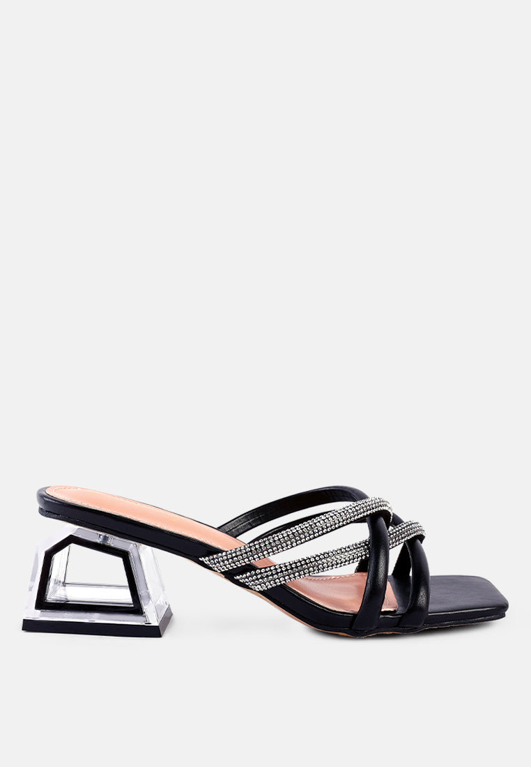 women cut out heel diamante sandals#color_black