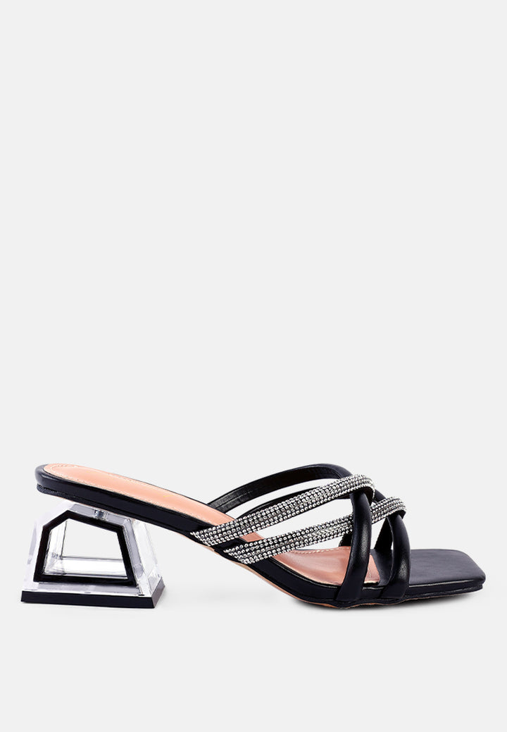 women cut out heel diamante sandals#color_black