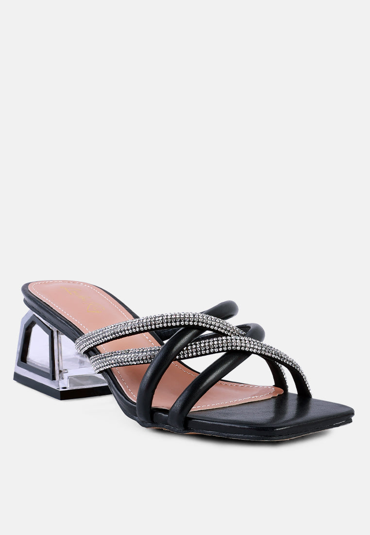women cut out heel diamante sandals#color_black