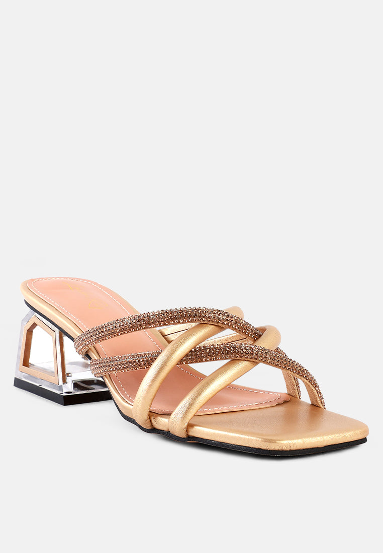 women cut out heel diamante sandals#color_gold
