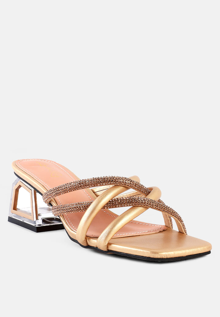 women cut out heel diamante sandals#color_gold