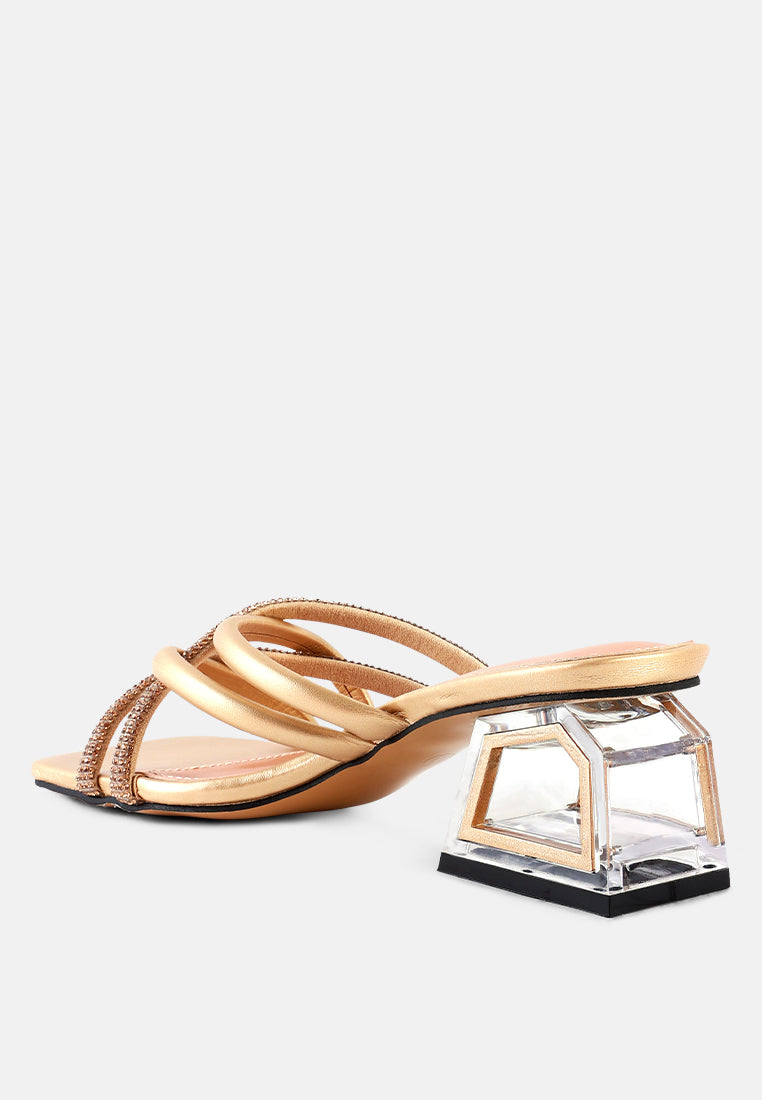 women cut out heel diamante sandals#color_gold